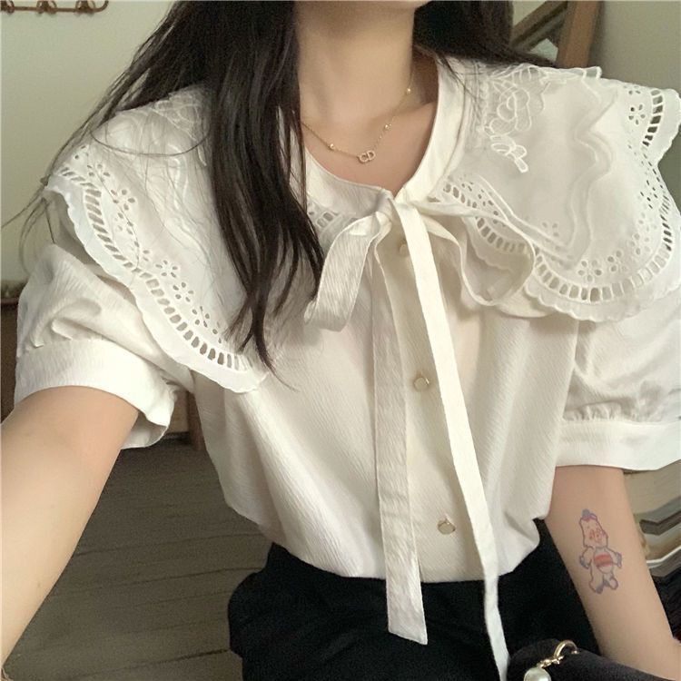 Áo Sơ Mi Trắng Tay Phồng Cổ Búp Bê Thiết Kế Mới Ngọt Ngào Thời Trang Dành Cho Mùa Hè