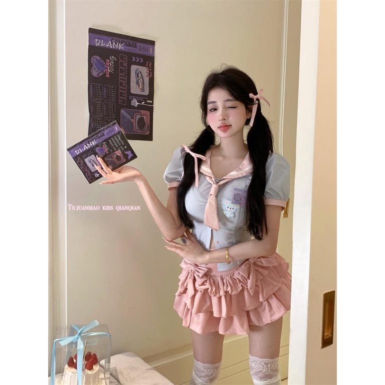 Áo Sơ Mi Tay Ngắn Cổ Thủy Thủ Dáng Ôm Phối Màu Tương Phản Dễ Thương Thời Trang Cho Bạn Gái