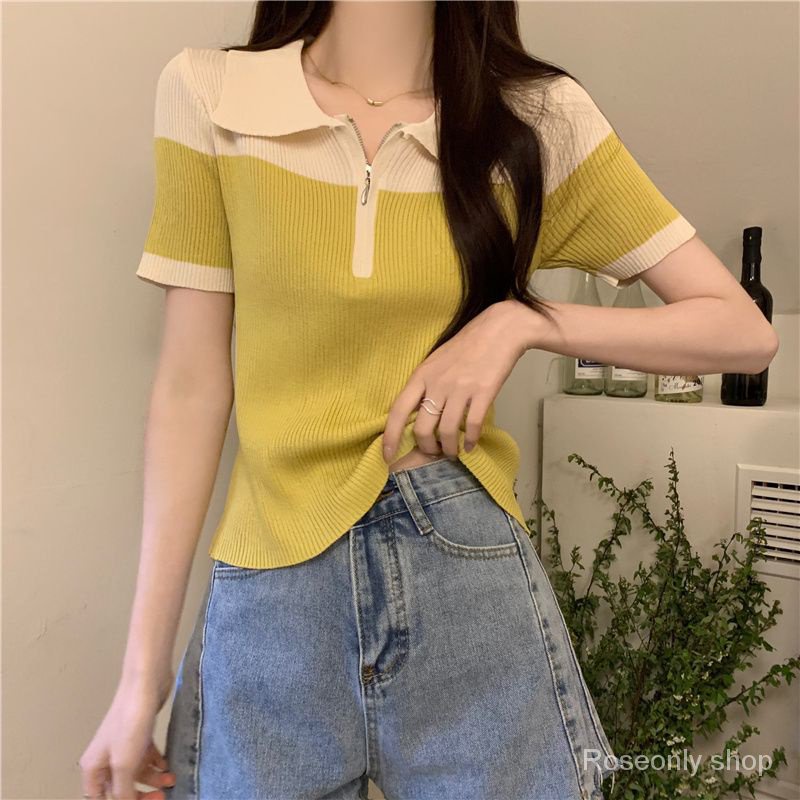 Áo Thun Dệt Kim Tay Ngắn Cổ polo Có Khóa Kéo Thời Trang Mùa Hè Phong Cách Mới Cho Nữ