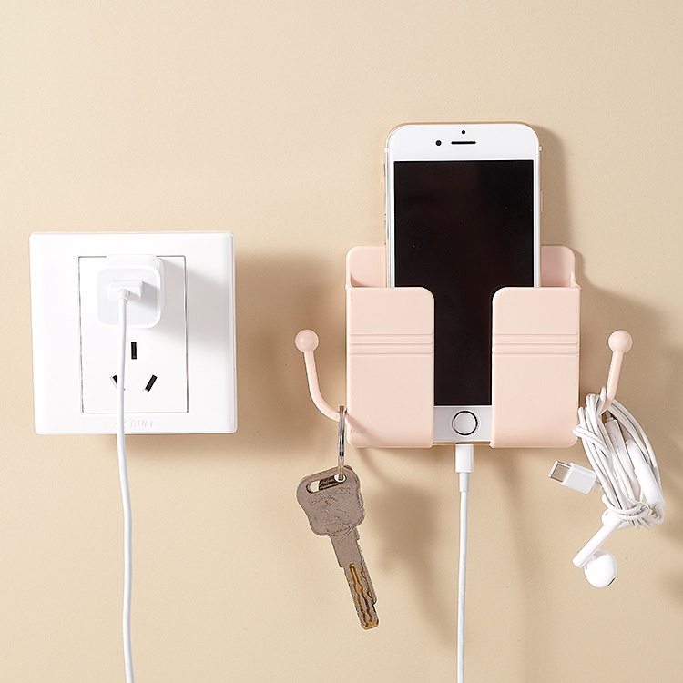 Giá Đỡ Dán Tường Để Sạc Điện Thoại, Remote, Ổ Cắm/ Kệ Đựng Đồ Dán Tường Kèm 2 Móc Treo Đồ