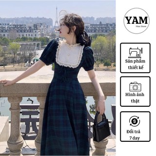 Váy kẻ xanh phối cổ ren bèo Koci cúc ngọc size S M L - YAM MiNi Store