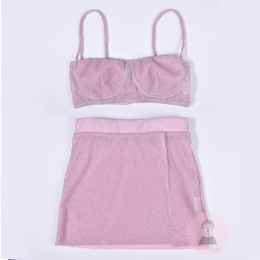 Bộ Áo Tank Top Hai Dây + Chân Váy Xẻ Tà Đính Kim Sa Lấp Lánh Thời Trang Cho Nữ