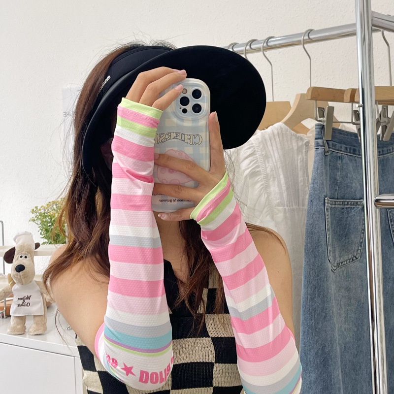 Găng Tay Chống Nắng Bằng Lụa Lạnh Mỏng Dáng Rộng Họa Tiết Kẻ Sọc Chống Tia Cực Tím Thời Trang Mùa Hè Cho