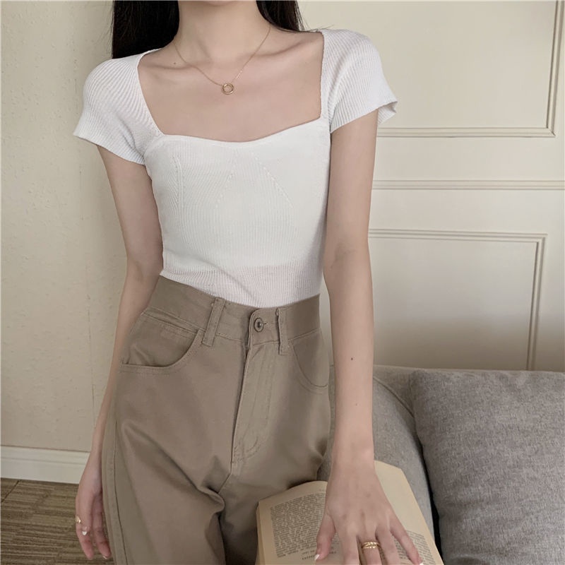 COZOK Áo Thun Dệt Kim Ngắn Tay Cổ Vuông Dáng Ôm Thời Trang Đơn Giản