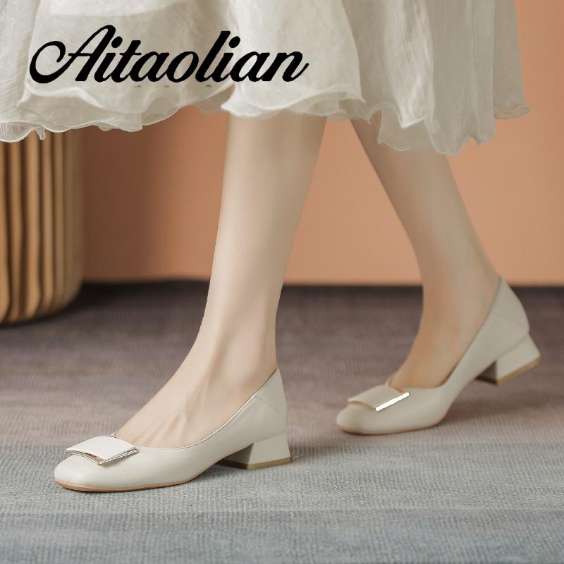 Giày Cao Gót 3cm Da Thật Mũi Vuông Kiểu retro Anh Xinh Xắn Cho Nữ