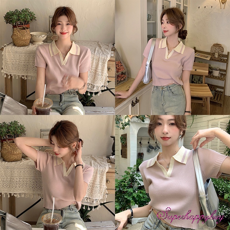 Áo Croptop Dệt Kim Tay Ngắn Cổ Bẻ Màu Sắc Tương Phản Thời Trang Cho Nữ