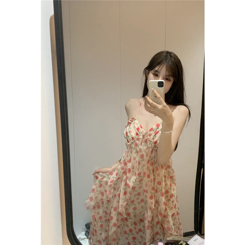 Đầm Dài Xẻ Tà Hở Lưng In Họa Tiết Hoa Thời Trang Mùa Hè Xinh Xắn Cho Nữ