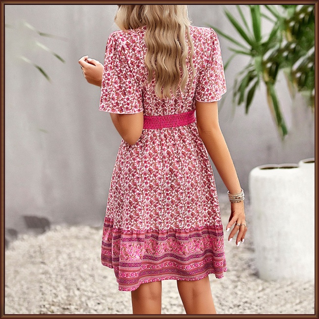 Đầm Dáng Chữ A Tay Ngắn Cổ Chữ V Thoáng Khí Thân Thiện Với Làn Da Họa Tiết Hoa Phong Cách Boho Cho Nữ