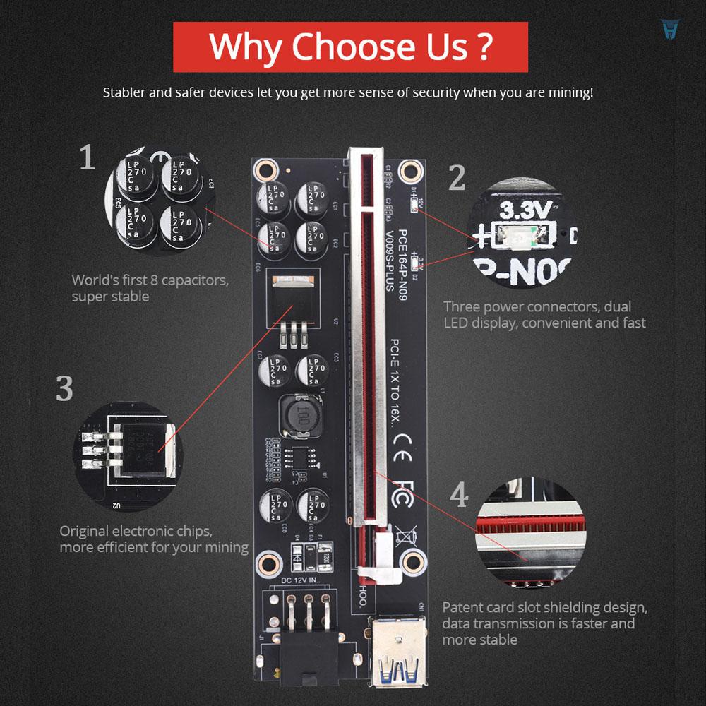 Card Mở Rộng PCI-E 009SPLUS 1X-16X Kèm 8 Tụ Điện Trơn 6pin