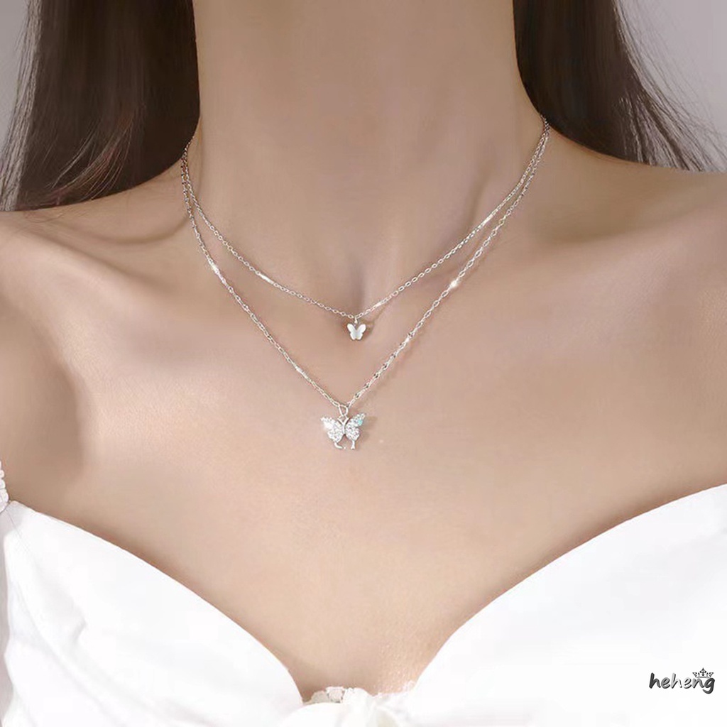 Set 2 Vòng cổ Hai Lớp Mặt Bướm Đính Hạt Kim Cương Lấp Lánh