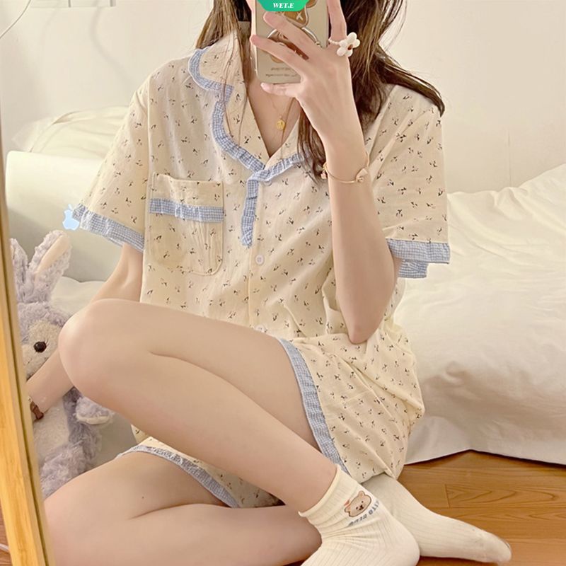 Bộ Đồ Ngủ Ngắn Tay Dáng Rộng In Hoa Dễ Thương Phong Cách Hàn Quốc Cho Nữ