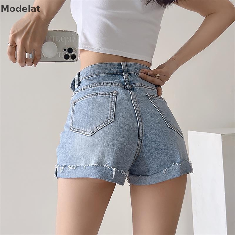 Quần Short Jean Lưng Cao Co Giãn Màu Trơn Đơn Giản Thời Trang Mùa Hè 2023 Phong Cách Hàn Quốc Cho Nữ