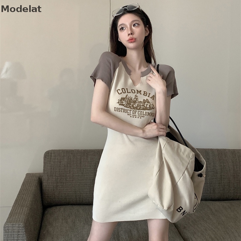 Đầm Thun Mùa Hè Tay Cộc Dáng Chữ A In Họa Tiết Chữ Cổ Điển Cho Nữ