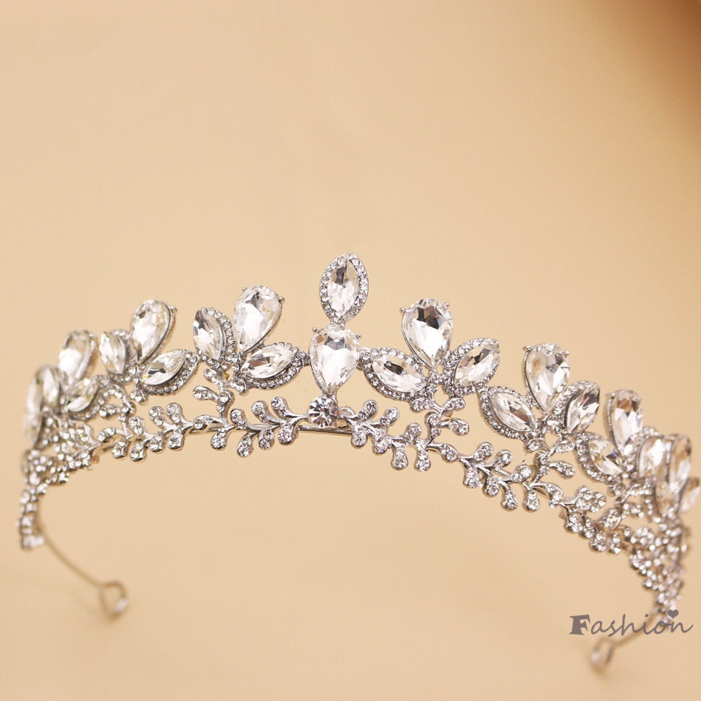 Vương Miện Bạc Hình Lá Đính Đá Zircon Lấp Lánh Cho Nữ