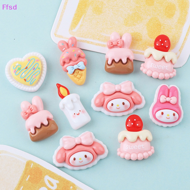 {Ffsd} Set 10 Phụ Kiện Trang Sức / Kẹp Tóc / Điện Thoại Hình Bánh Kem Hoạt Hình Bằng Nhựa Resin Lấp Lánh DIY