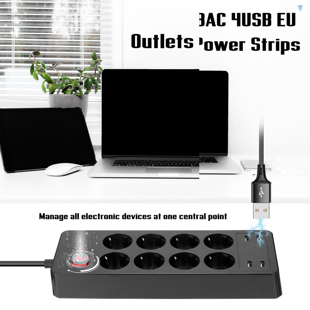 Ổ Cắm Điện 8AC 4 Cổng USB EU Kèm Công Tắc Chính Cho Nhà Ở / Văn Phòng