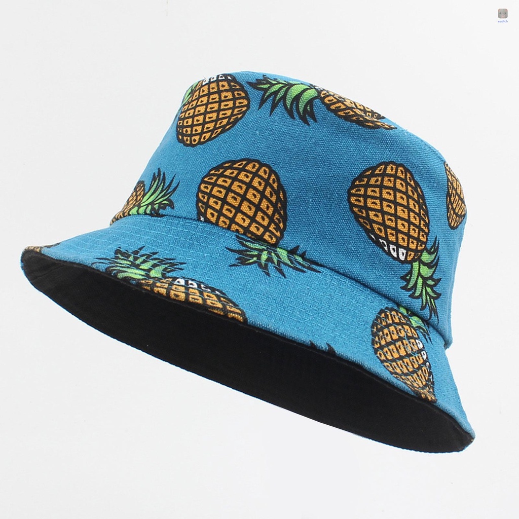 Nón Bucket Vành Rộng Hai Mặt In Họa Tiết Quả Dứa Thời Trang Đi Biển / Du Lịch