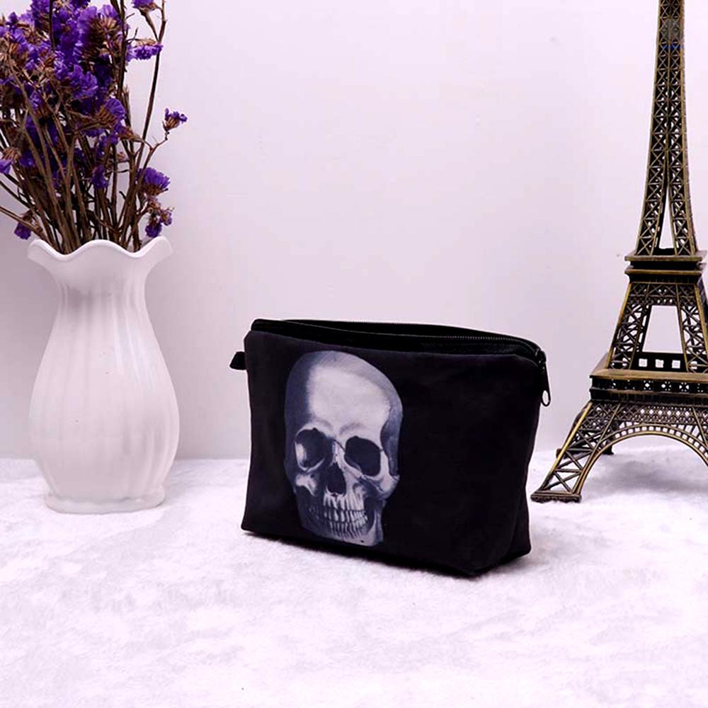 Túi Đựng Mỹ Phẩm Màu Đen In Họa Tiết Đầu Lâu 3D Độc Đáo Tiện Dụng Mang Theo Du Lịch Cho Nữ