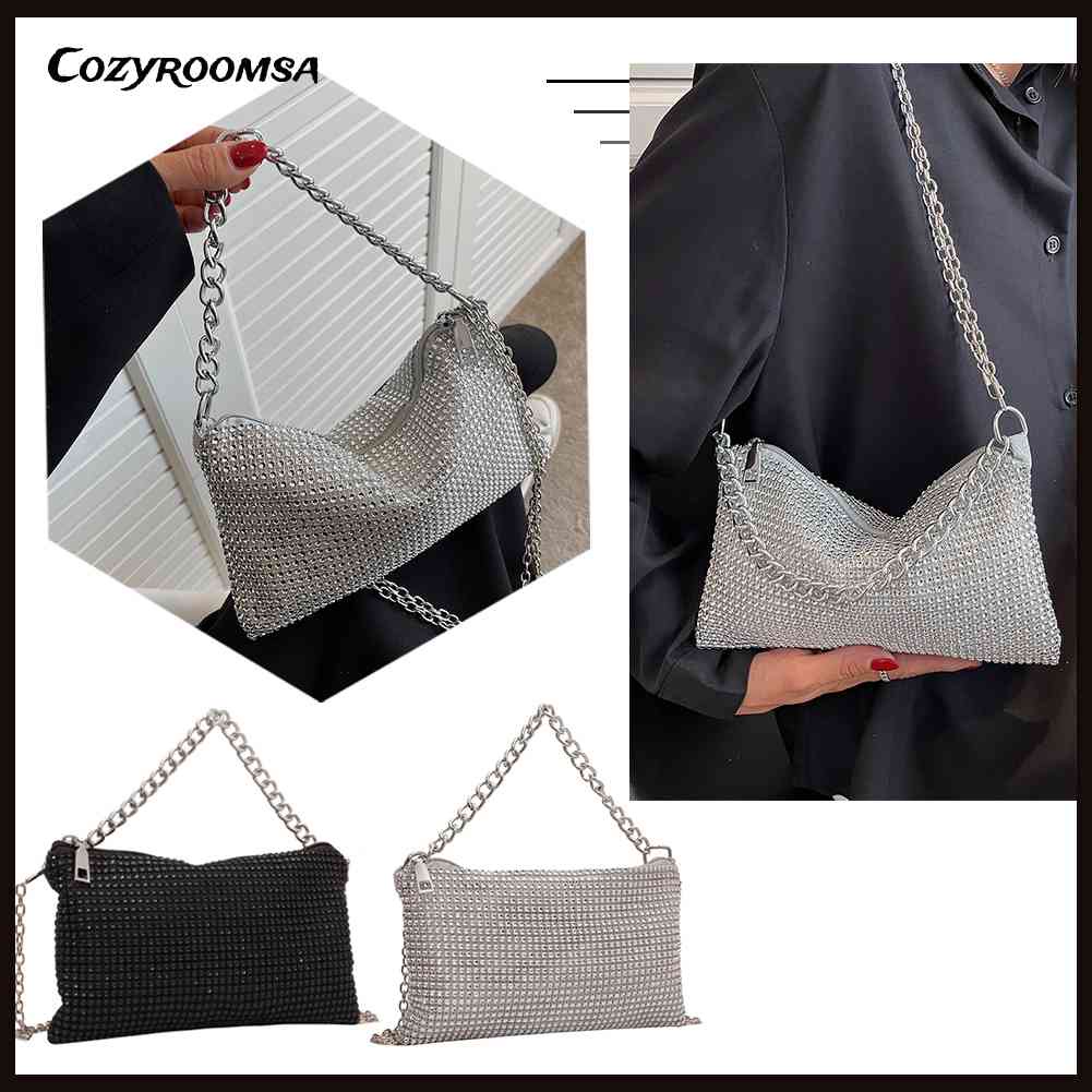Túi Xách Đeo Chéo Mềm Mại Đính Đá Phối Dây Đeo Sợi Xích Thời Trang Cho Nữ