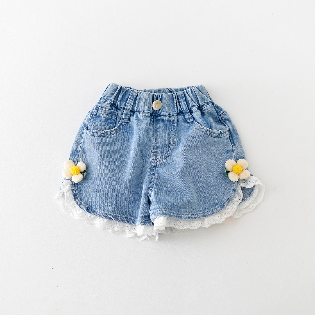 Quần Short Denim Mỏng Phối Ren Hoa Nhỏ Thời Trang Mùa Hè Mới 2023 Cho Bé Gái