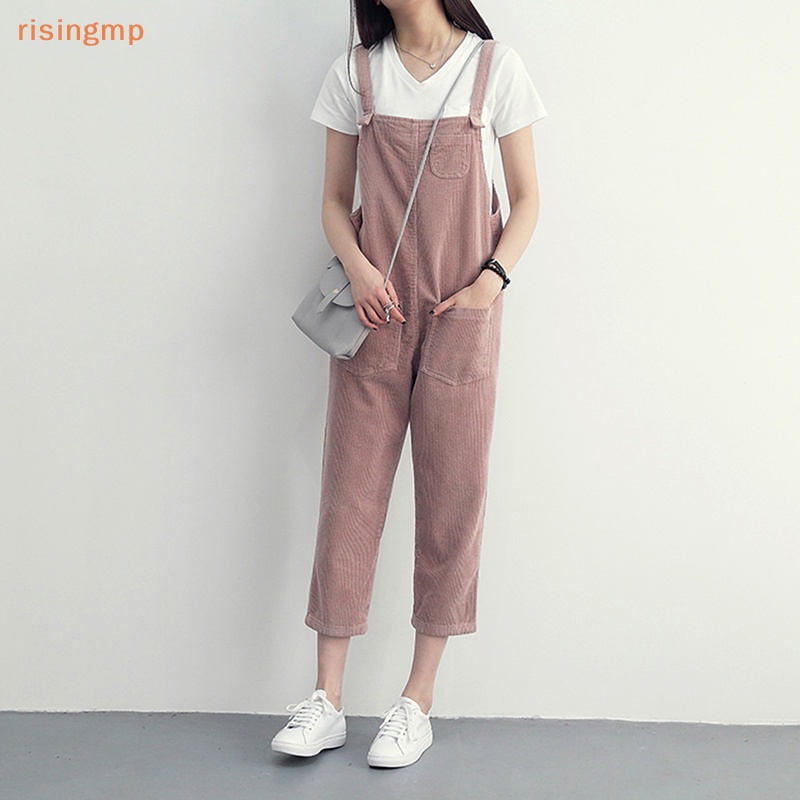 [risingmp] Quần Yếm Dáng Rộng Bằng Nhung Kẻ Màu Trơn Có Túi Phong Cách Hàn Quốc Giản Dị Dành Cho Nữ