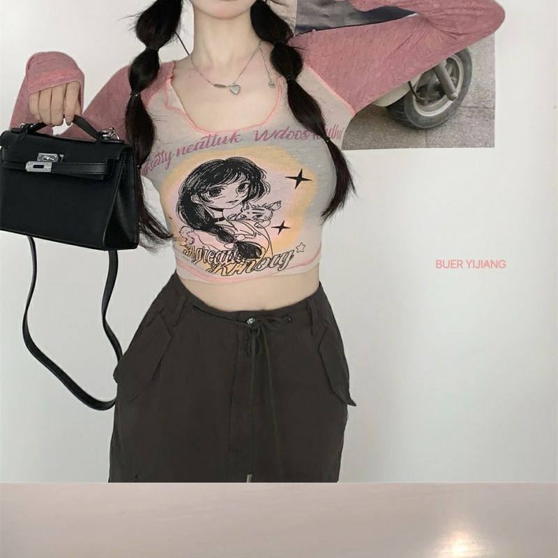 Áo baby tee Thun croptop Lửng Tay Dài Dáng Ôm Màu Sắc Tương Phản Thời Trang Cho Nữ