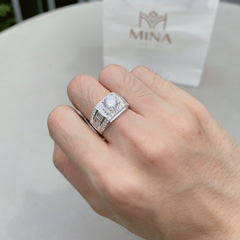 Nhẫn bạc nam đính đá Baguette cao cấp NN03 thiết kế độc đáo sang chảnh MINA JEWELRY