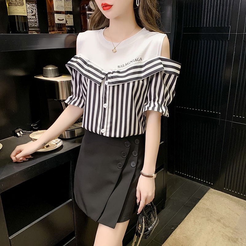 Áo Thun Ngắn Tay Giả Hai Lớp Họa Tiết Sọc Thời Trang Dành Cho Nữ