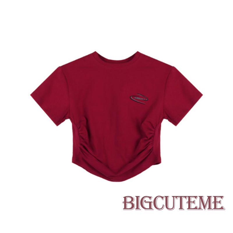 [] Áo Croptop Ôm Dáng Tay Ngắn Cổ Tròn In Chữ Cho Nữ