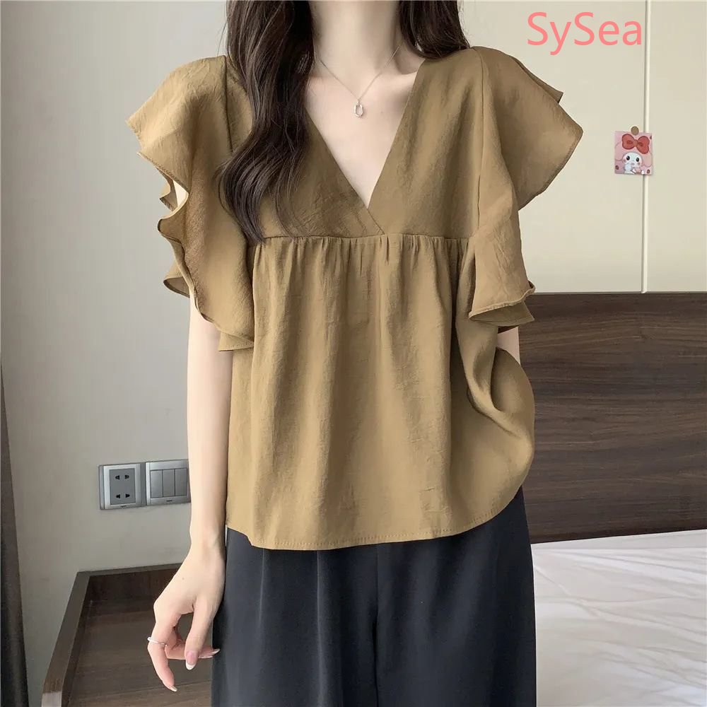 Plus Áo Kiểu Tay Phồng Cổ Chữ V Phong Cách Hàn Quốc Thanh Lịch Cho Nữ