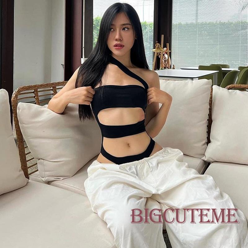 Áo Liền Quần Không Tay Một Dây Khoét Vai Màu Trơn Phong Cách Đường Phố Cho Nữ