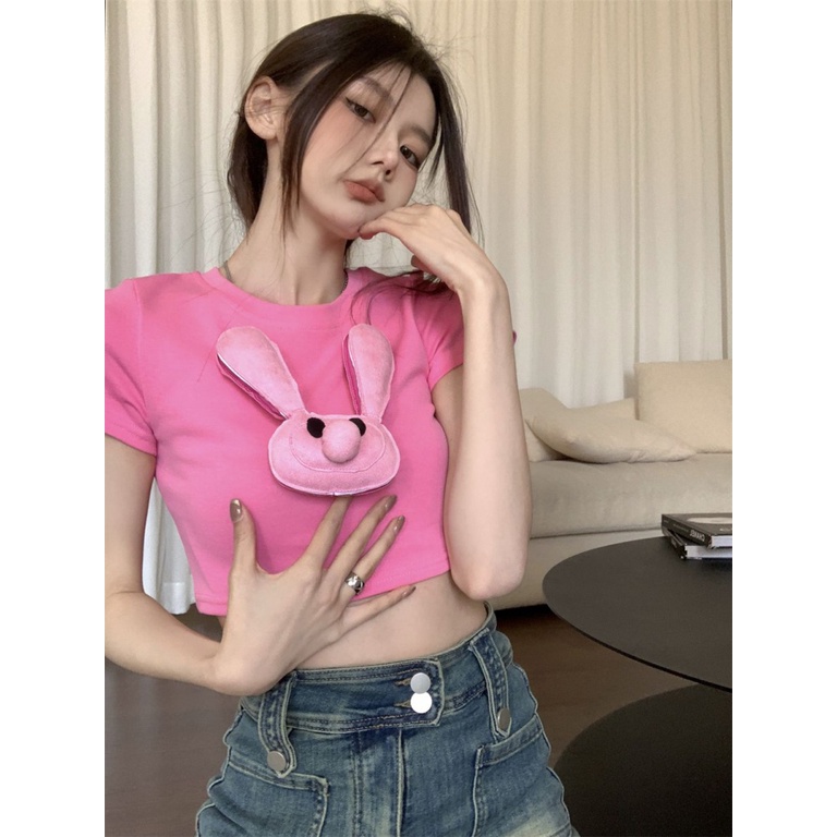 Áo baby tee Thun croptop Cotton Tay Ngắn Hở Rốn Ôm Dáng Họa Tiết Thỏ Thời Trang Mùa Hè 2023 Cho Nữ