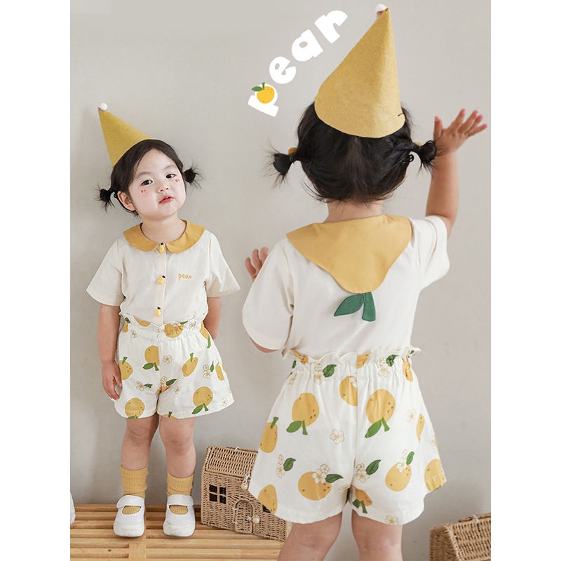 Bộ Áo Sơ Mi Cổ Búp Bê Tay Ngắn + Quần Short In Họa Tiết Trái Cây Màu Tương Phản Thời Trang Mùa