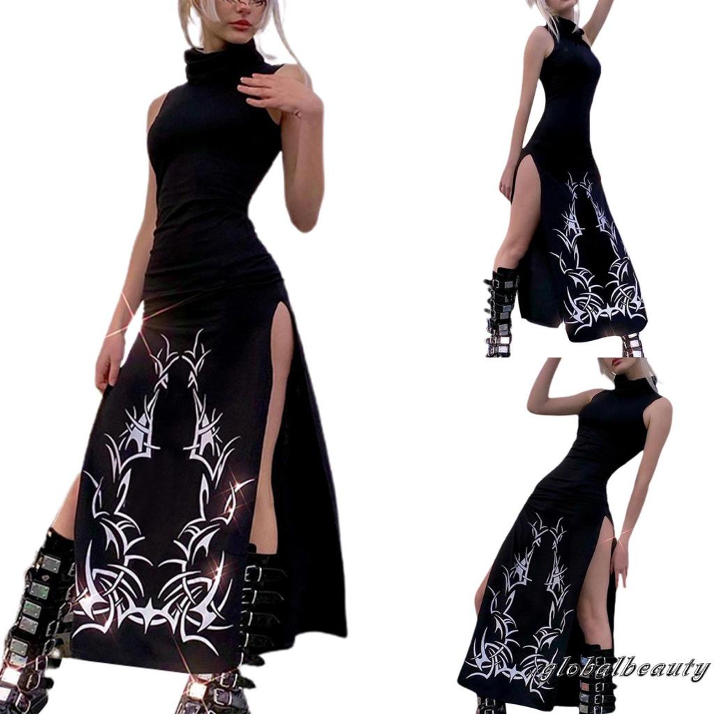 Đầm Dài Không Tay Cổ Cao Xẻ Tà Họa Tiết Vintage Thời Trang Mùa Hè Cho Nữ