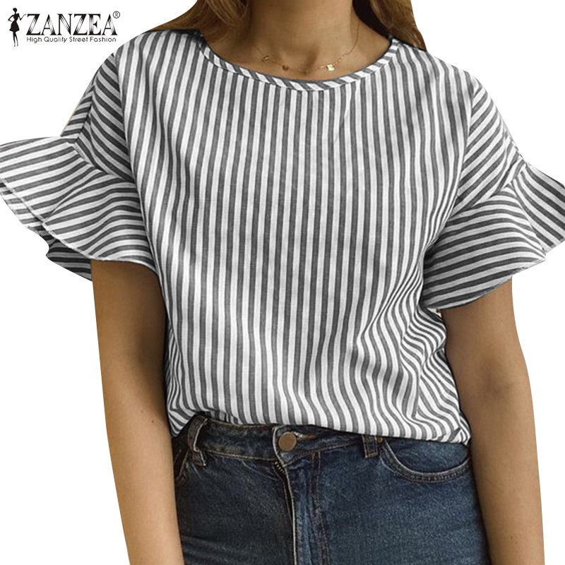 Zanzea Áo Kiểu Cổ Tròn Hở Vai Viền Bèo Họa Tiết Kẻ Sọc Thời Trang Hàn Quốc Cho Nữ