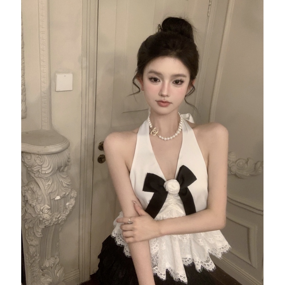 Áo Hai Dây Vải Satin Phối Ren Thắt Nơ Phong Cách Quyến Rũ Dành Cho Nữ