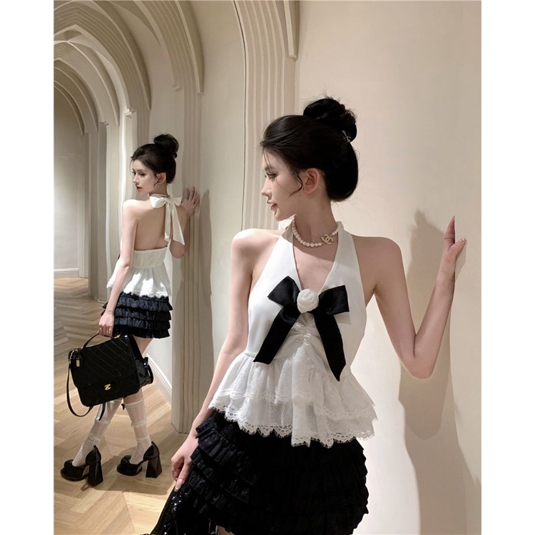 Áo Hai Dây Vải Satin Phối Ren Thắt Nơ Phong Cách Quyến Rũ Dành Cho Nữ