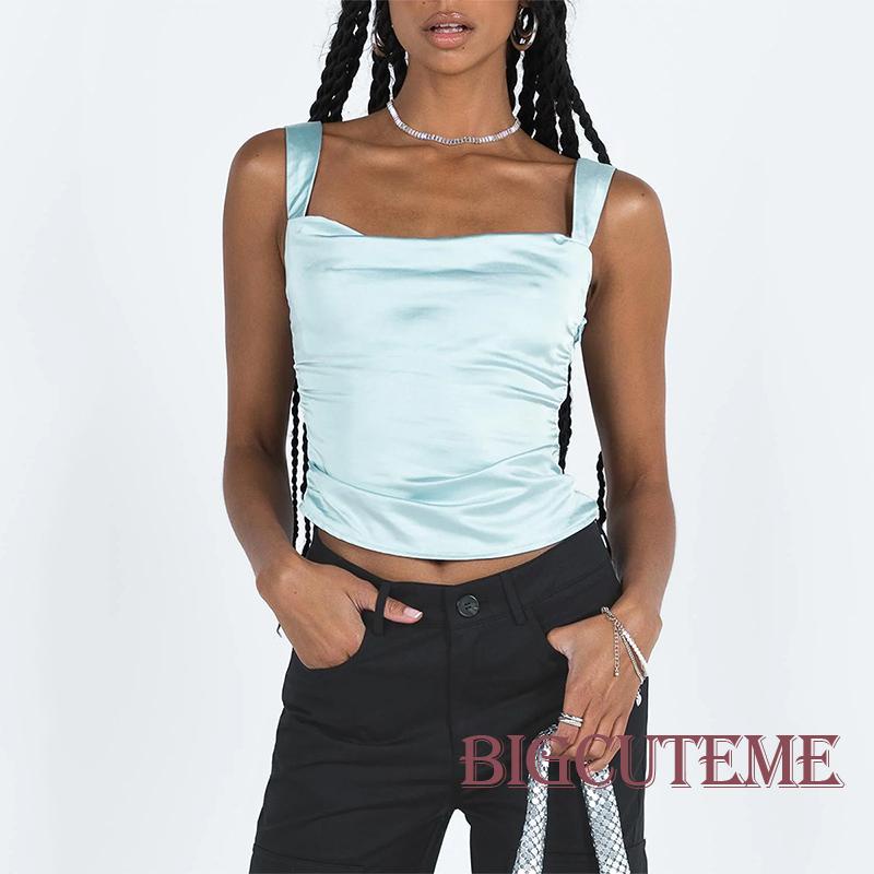 [] - Áo Crop Top Hai Dây Màu Trơn Mùa Hè Thẩm Mỹ Dành Cho Nữ Màu Xanh Dương