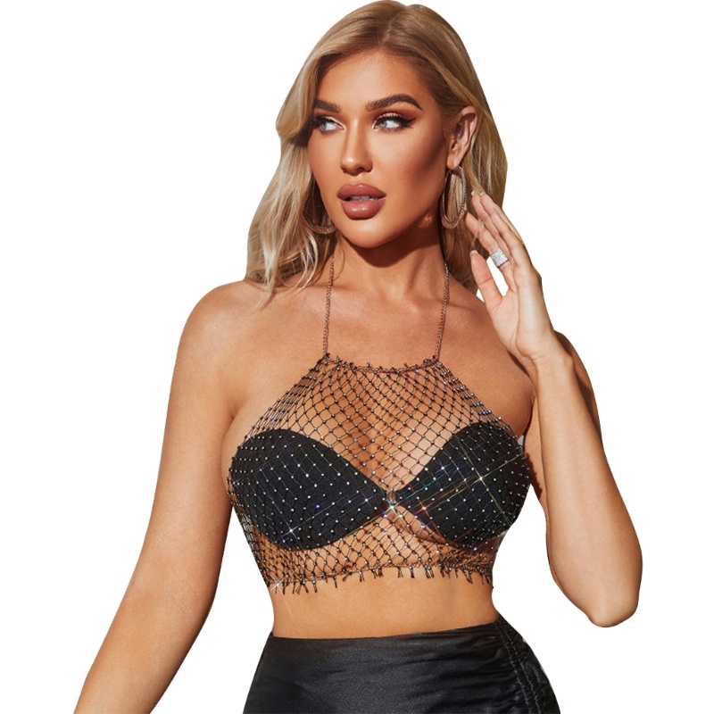 Áo Lưới Croptop Đính Đá Lấp Lánh Quyến Rũ Cho Nữ