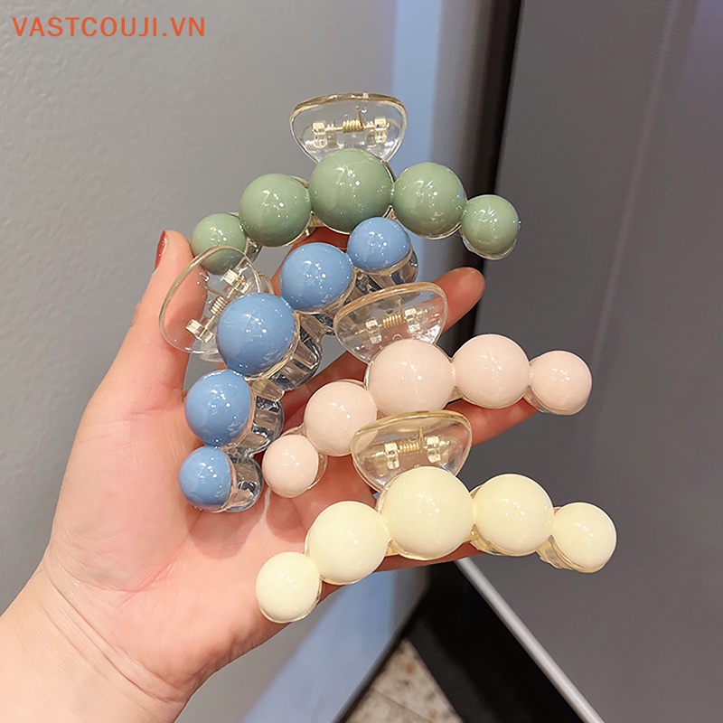Kẹp Tóc Càng Cua Bằng Nhựa Đính Hạt Tròn Màu Xanh Lá Cây Chống Trượt Thời Trang Mùa Hè Cho Nữ