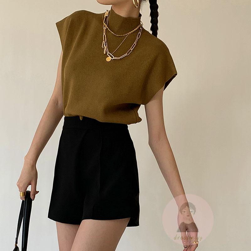 Áo Thun Dệt Kim Sát Nách Cổ Cao Màu Sắc Đơn Giản Thời Trang Mùa Hè Cho Nữ