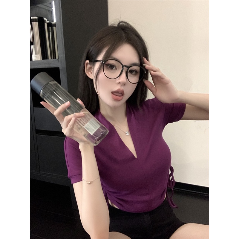 Áo Thun Tay Ngắn Cổ Chữ V Phối Dây Rút Thời Trang Mùa Hè Cho Nữ