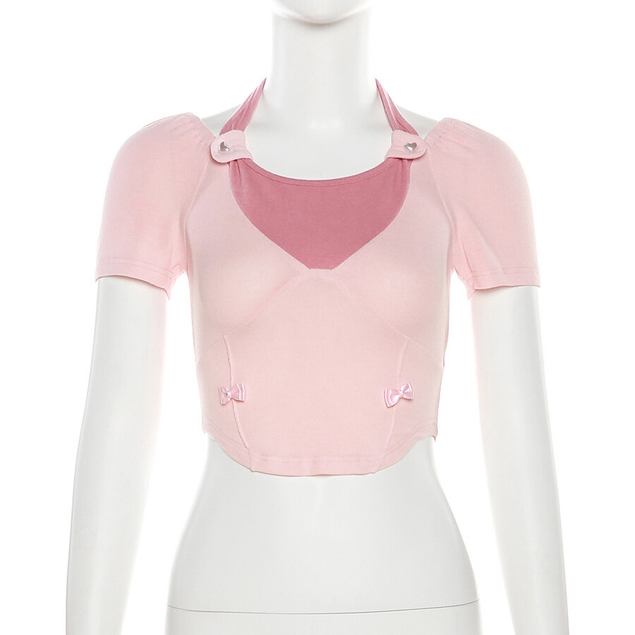 Weird Puss Áo Thun Crop top Tay Ngắn Thiết Kế Chắp Vá Cổ Yếm Dễ Thương Ngọt Ngào Trẻ Trung Dành Cho Bạn Nữ