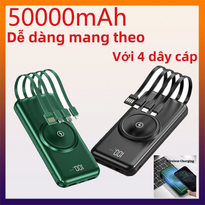 50000MAh Sạc Không Dây Powerbank Cáp Chính Hãng Wireless 4 Cáp Di Động Màn Hình LED Powerbank Chính Hãng 100%