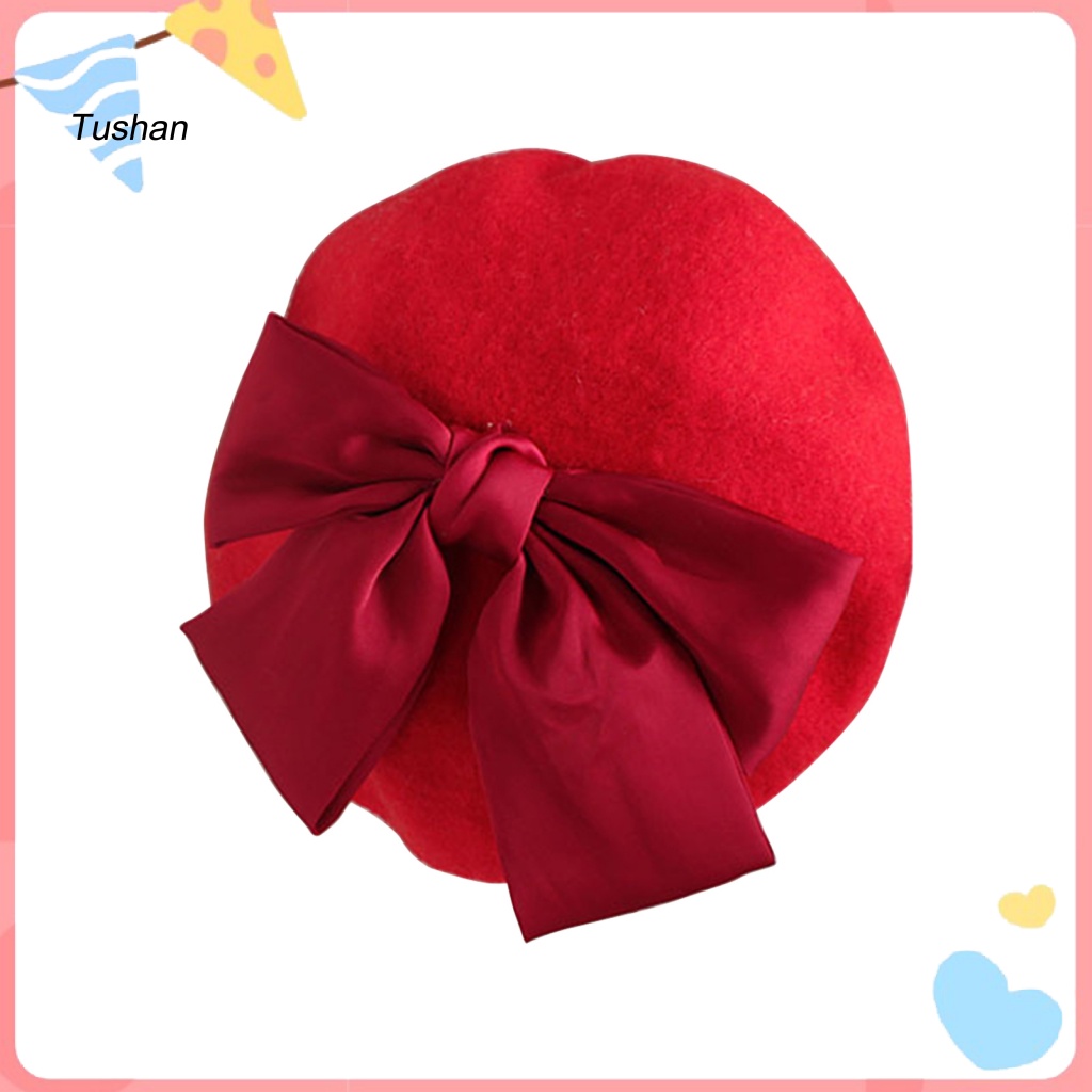Mũ Beret Màu Trơn Giữ Ấm Thắt Nơ Đỏ Dễ Thương Cho Bé Gái 2-6 Tuổi