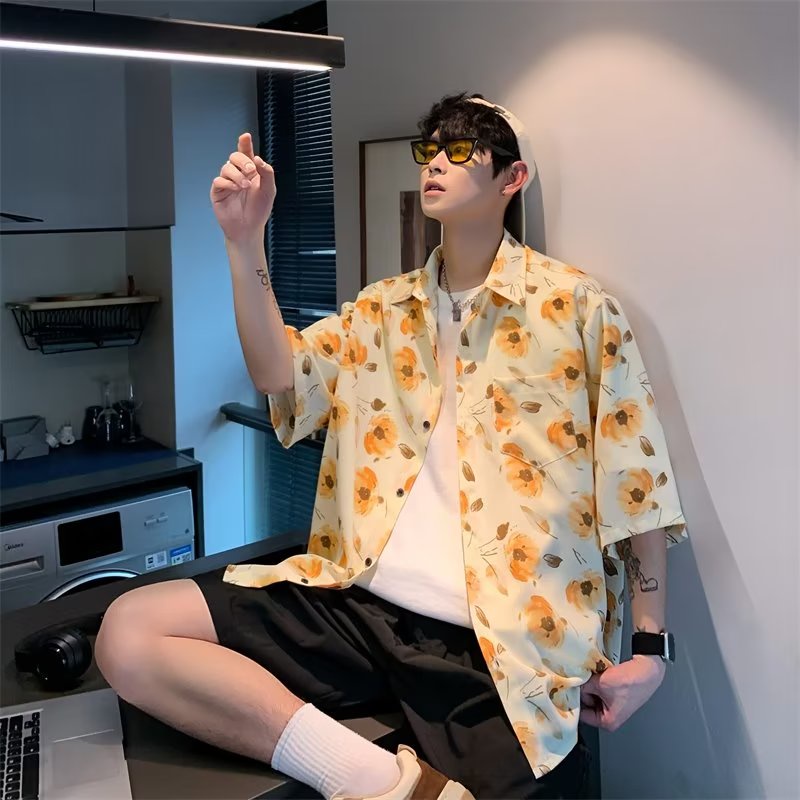 Áo Sơ Mi Lụa Lạnh Tay Ngắn Dáng Rộng In Họa Tiết Da Báo Thời Trang Mùa Hè Cho Nam Giới