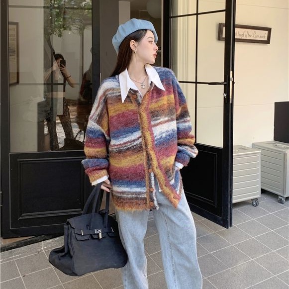 Áo Khoác Cardigan Dệt Kim Cổ Chữ V Dáng Rộng Hoạ Tiết Kẻ Sọc Nhiều Màu Sắc Phong