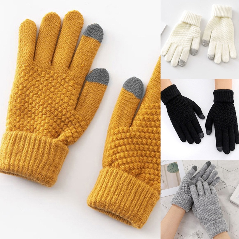 Han Găng Tay Dệt Kim Vải Lông Dày Màu Trơn Lót Bông Dày Dặn Ấm Áp Mùa Đông Có Thể Chạm Màn Hình Cảm Ứ
