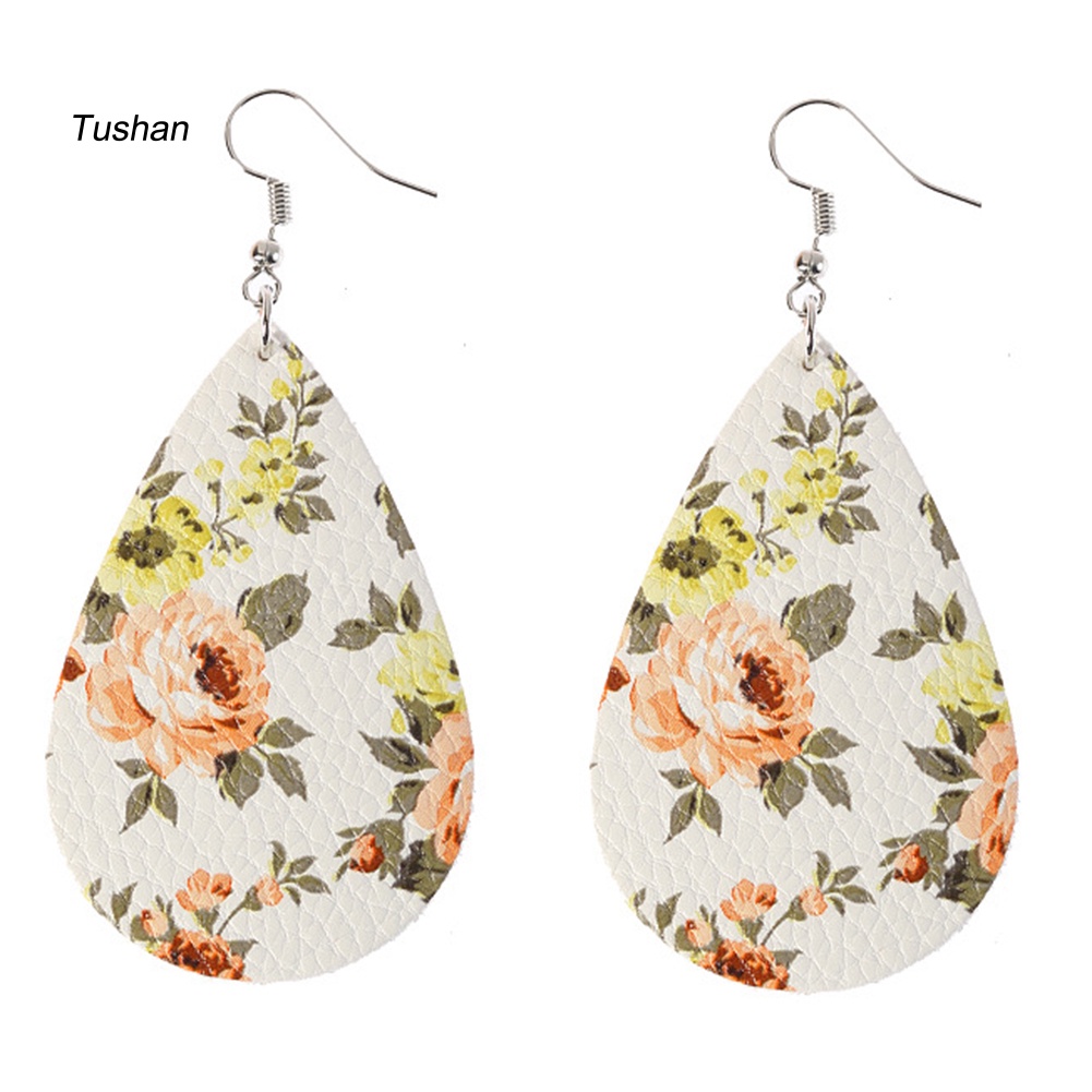 Đôi Khuyên Tai Dài Hình Giọt Nước In Hoa Chất Liệu Giả Da Thời Trang Cho Nữ