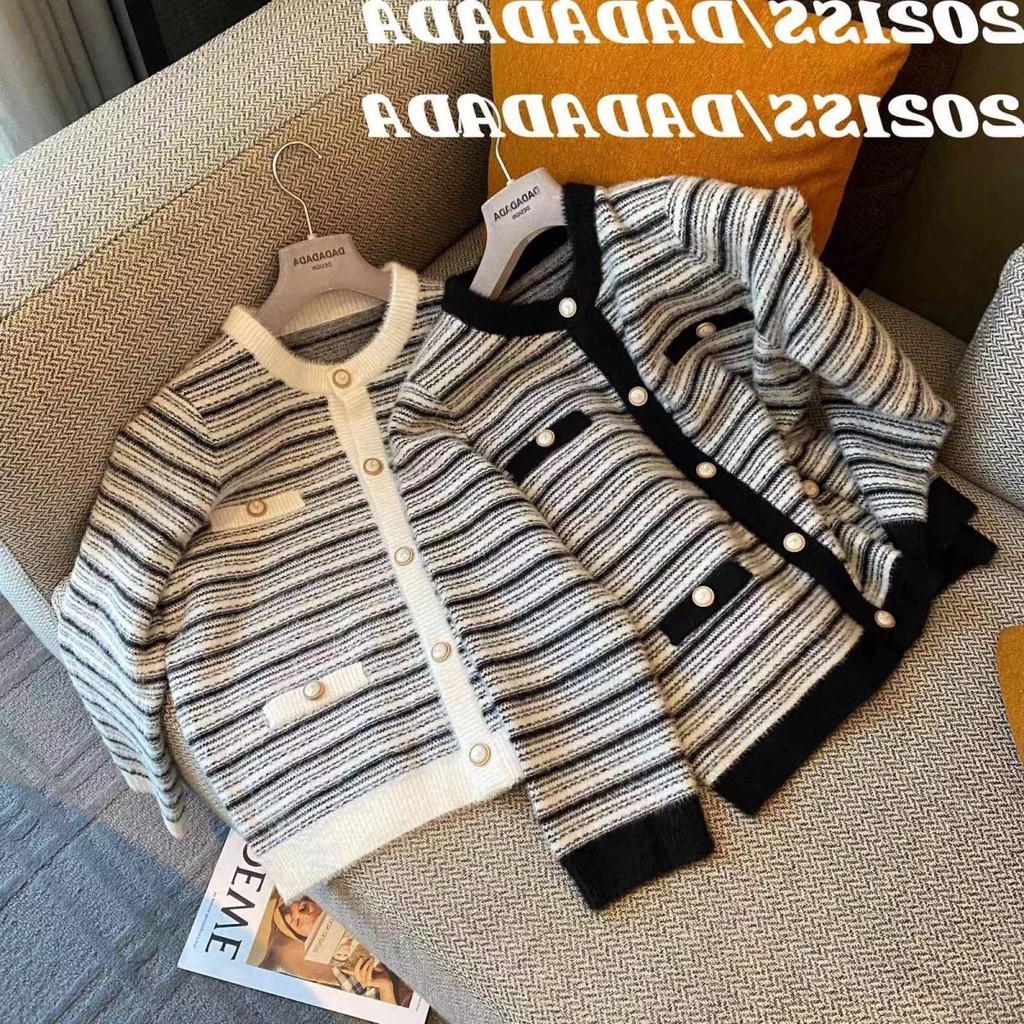 Áo Cardigan Cổ Tròn Tay Dài Họa Tiết Kẻ Sọc Thiết Kế Mới Thời Trang Dành Cho Nữ